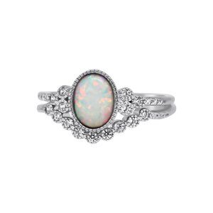 White Opal & CZ Double Band Sterling Silver Ring